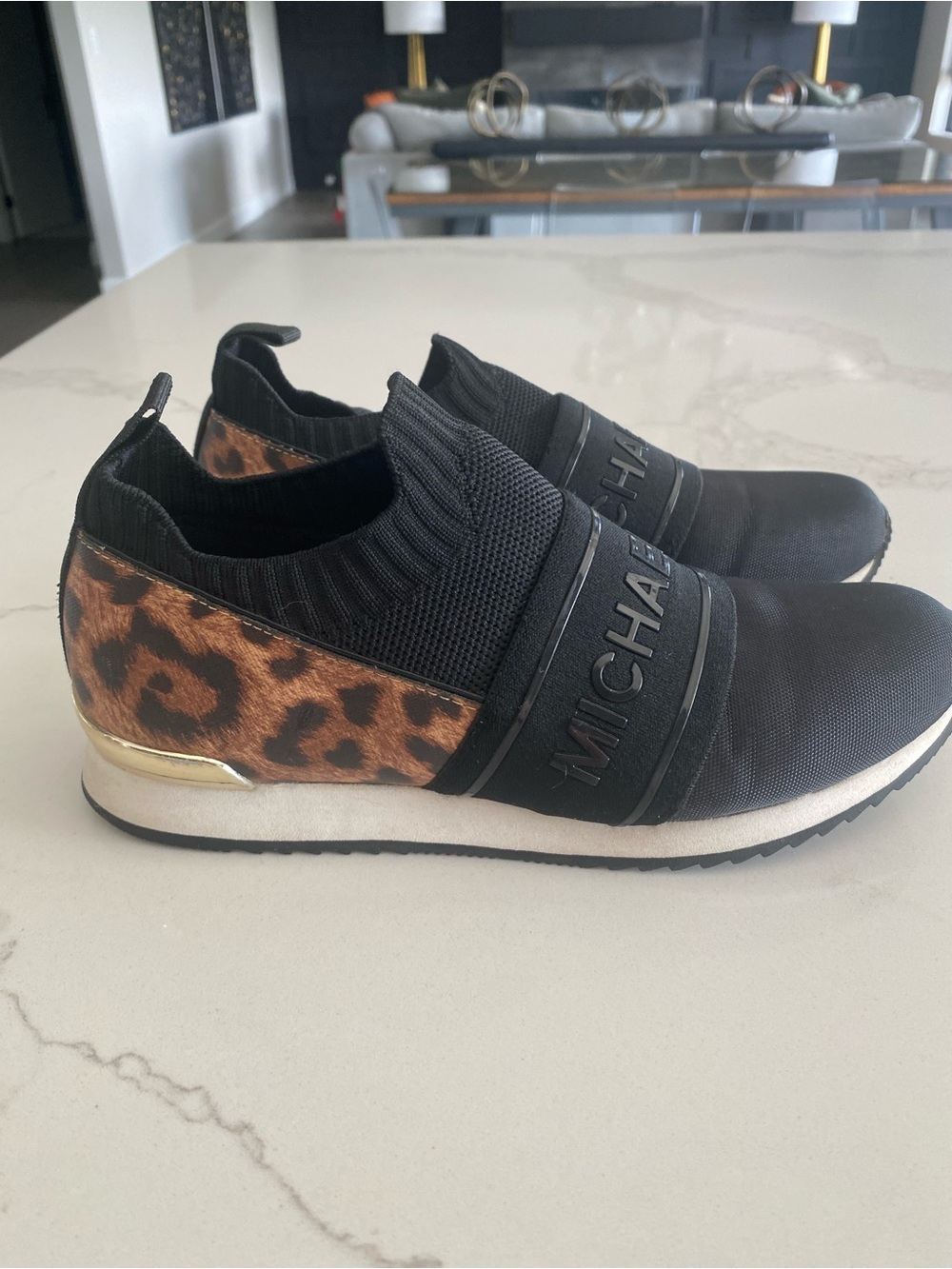 MICHAEL Michael Kors Black Knit Slip-On Sneakers with Leopard Accent Size 7